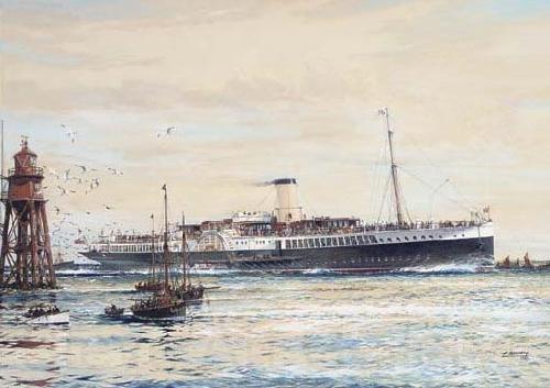 Jack Spurling The paddle steamer Crested Eagle running down the Thames Estuary, her deck crowded with passengers